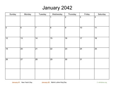 Basic Calendar for January 2042