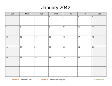 January 2042 Calendar with Weekend Shaded