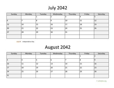 July and August 2042 Calendar Horizontal