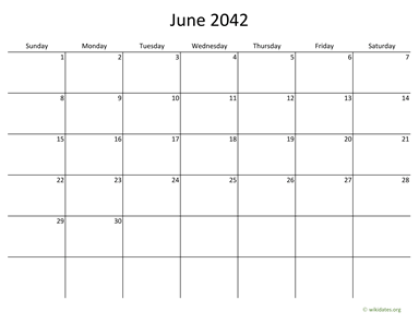 June 2042 Calendar with Bigger boxes
