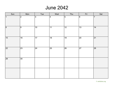 June 2042 Calendar with Weekend Shaded