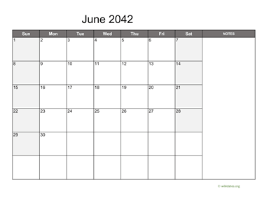 June 2042 Calendar with Notes