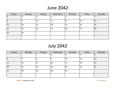 June and July 2042 Calendar Horizontal