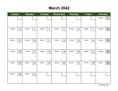 March 2042 Calendar with Day Numbers