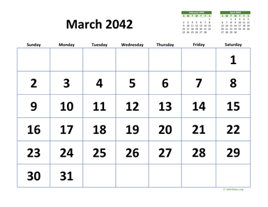 March 2042 Calendar with Extra-large Dates