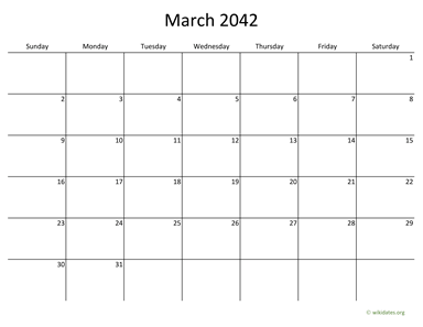 March 2042 Calendar with Bigger boxes