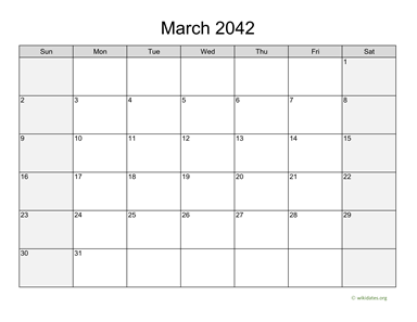 March 2042 Calendar with Weekend Shaded