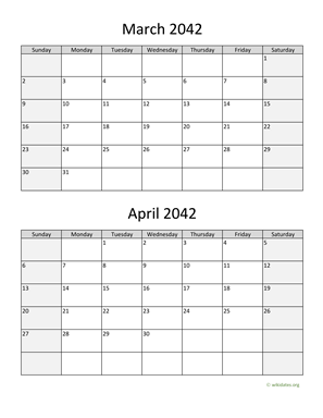 March and April 2042 Calendar Vertical