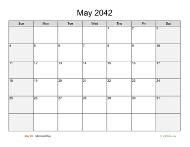 May 2042 Calendar with Weekend Shaded