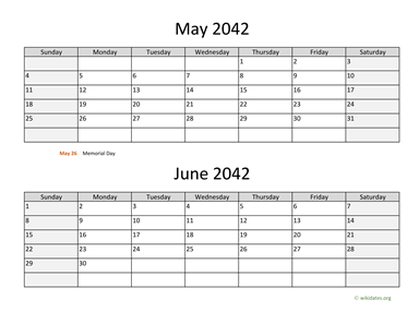 May and June 2042 Calendar Horizontal