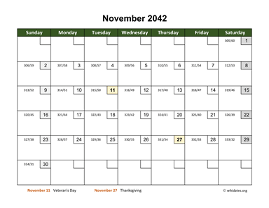 November 2042 Calendar with Day Numbers