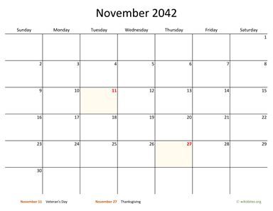 November 2042 Calendar with Bigger boxes