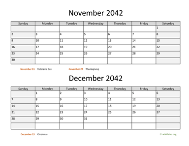 November and December 2042 Calendar Horizontal