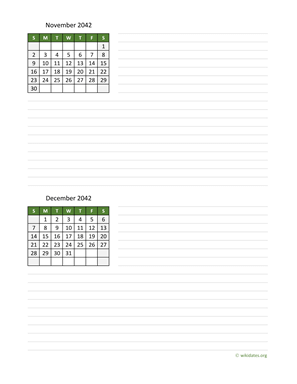 November and December 2042 Calendar with Notes