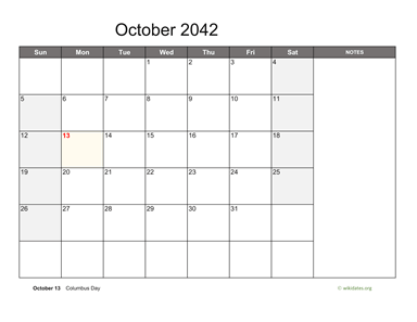 October 2042 Calendar with Notes