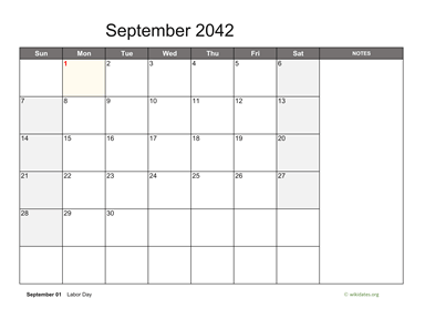 September 2042 Calendar with Notes