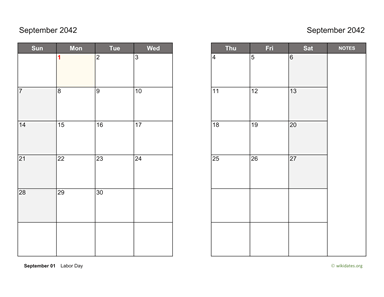 September 2042 Calendar on two pages