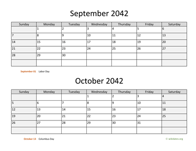 September and October 2042 Calendar Horizontal