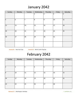 Two Months 2042 Calendar Vertical