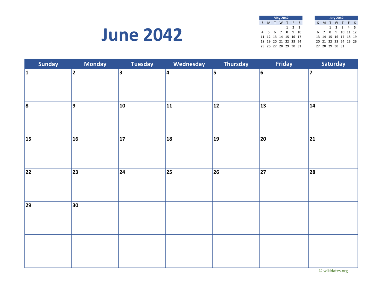 June 2042 Calendar Classic | WikiDates.org