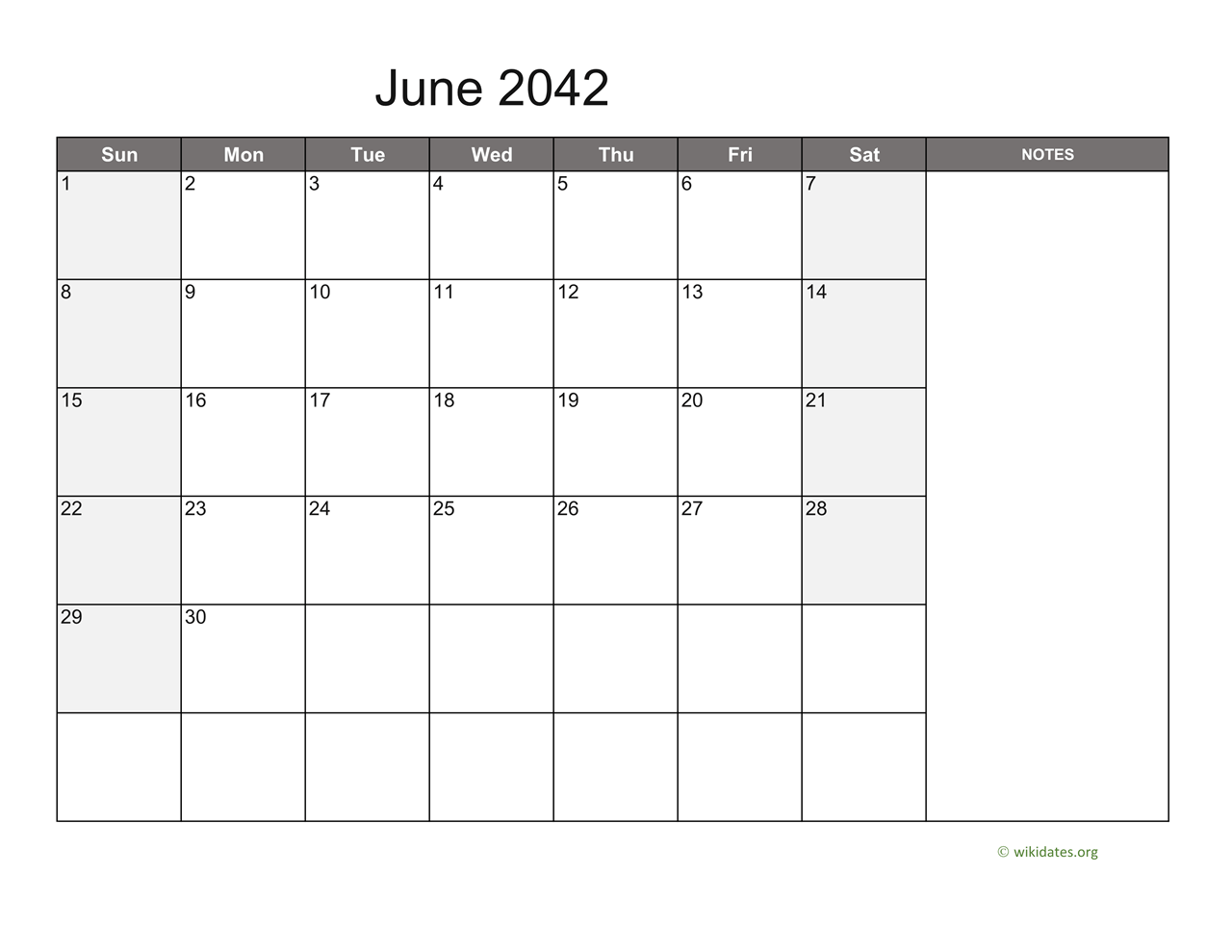 June 2042 Calendar With Notes