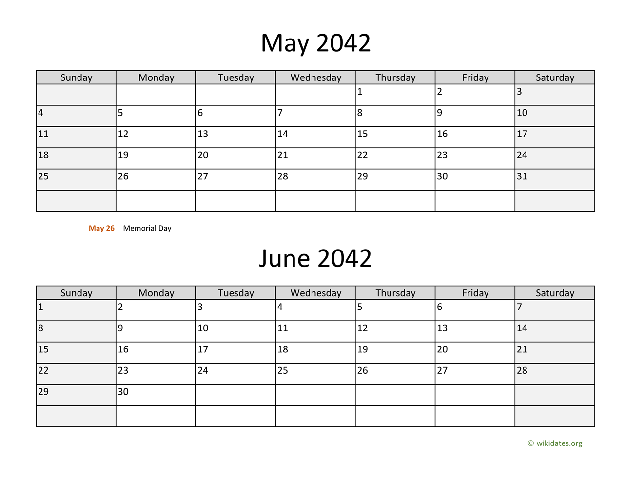 May and June 2042 Calendar