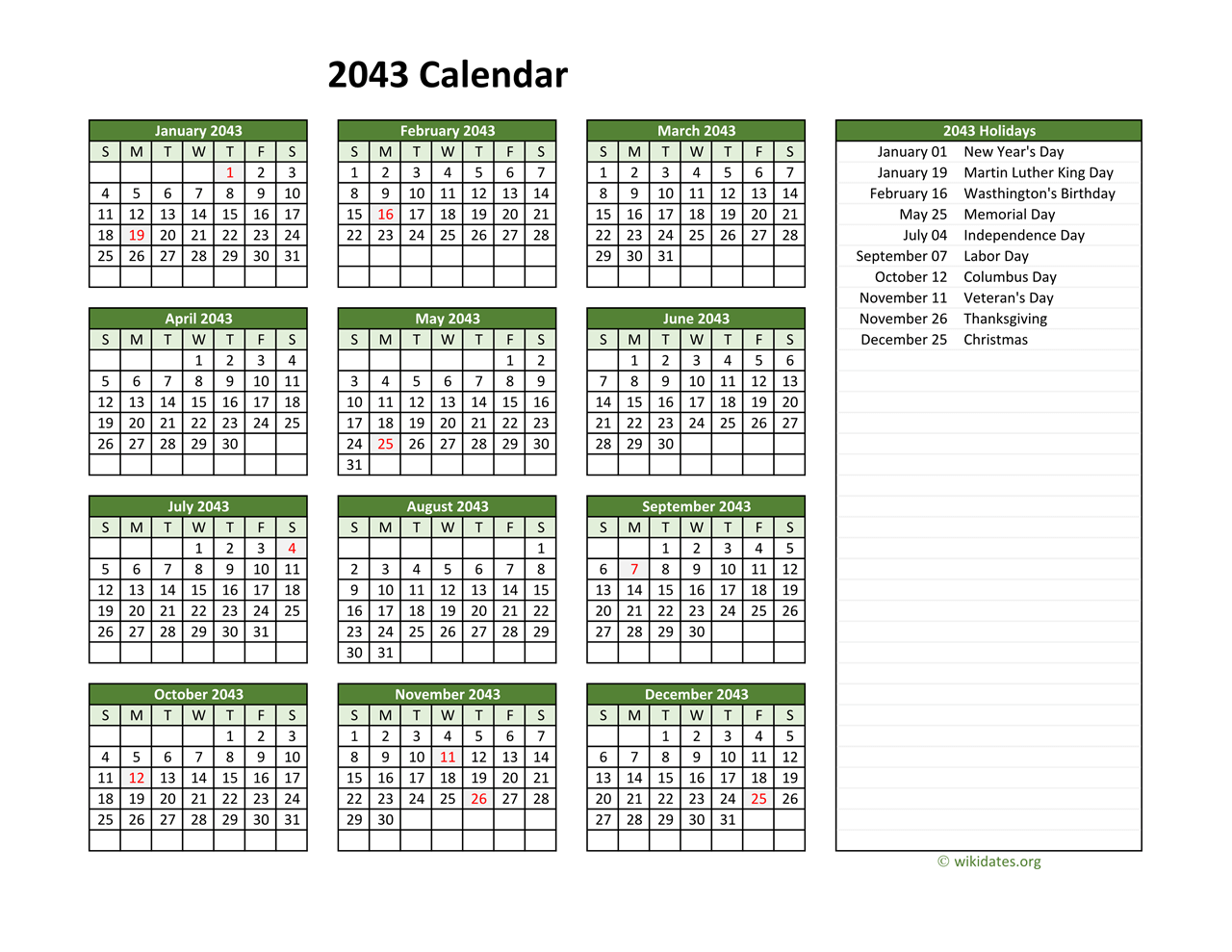 Printable 2043 Calendar with Federal Holidays | WikiDates.org
