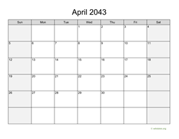 April 2043 Calendar with Weekend Shaded