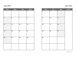 April 2043 Calendar on two pages