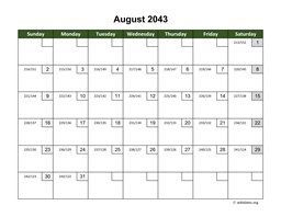 August 2043 Calendar with Day Numbers