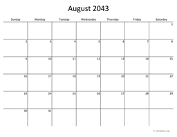 August 2043 Calendar with Bigger boxes
