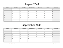 August and September 2043 Calendar