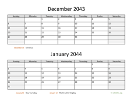 December 2043 and January 2044 Calendar