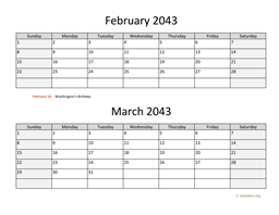 February and March 2043 Calendar