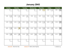 January 2043 Calendar with Day Numbers
