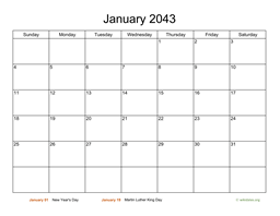 Basic Calendar for January 2043