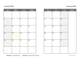 January 2043 Calendar on two pages