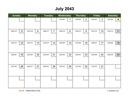 July 2043 Calendar with Day Numbers