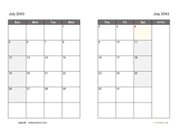 July 2043 Calendar on two pages