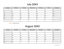 July and August 2043 Calendar