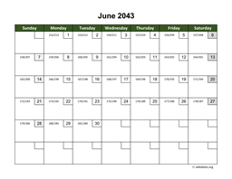 June 2043 Calendar with Day Numbers