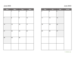 June 2043 Calendar on two pages