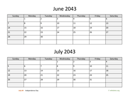 June and July 2043 Calendar