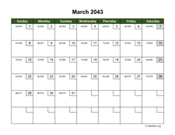 March 2043 Calendar with Day Numbers