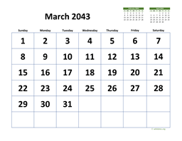 March 2043 Calendar with Extra-large Dates