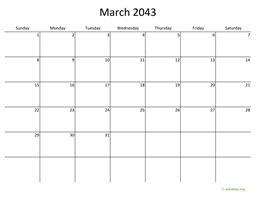 March 2043 Calendar with Bigger boxes