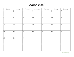 Basic Calendar for March 2043