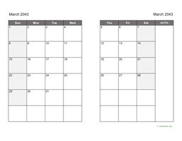 March 2043 Calendar on two pages