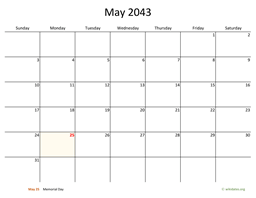 May 2043 Calendar with Bigger boxes
