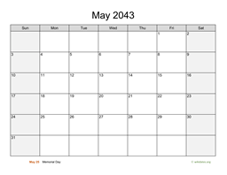 May 2043 Calendar with Weekend Shaded